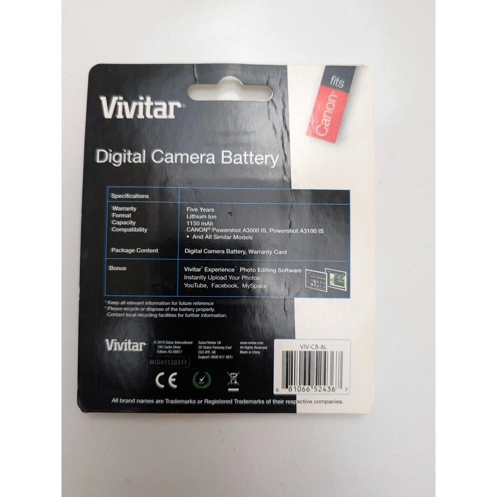 VIVITAR DIGITAL CAMERA BATTERY FOR CANON NB-8L NB8L NEW SEALED